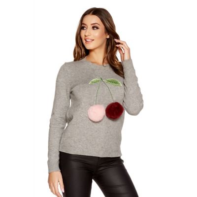 Quiz Grey Knitted Cherry Pom Pom Jumper